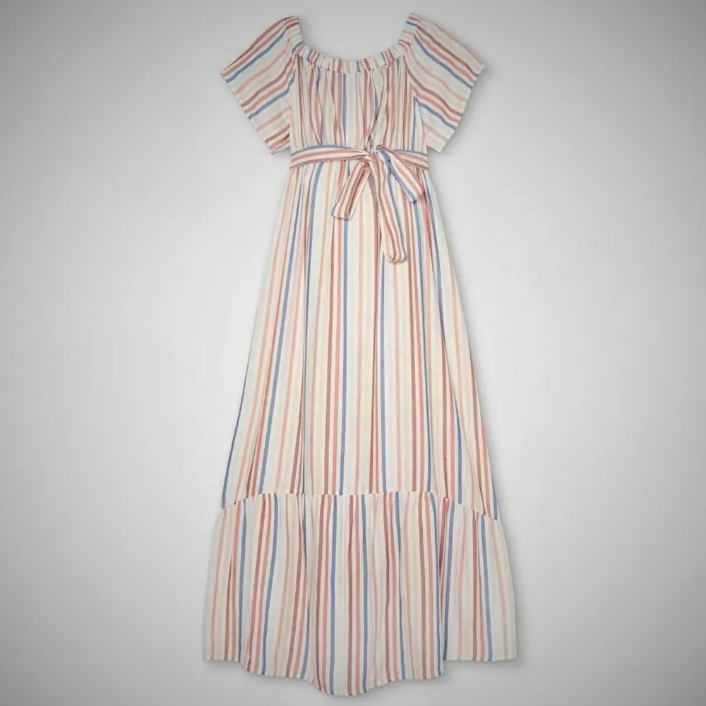 Striped Short Sleeve Woven Maternity Dress